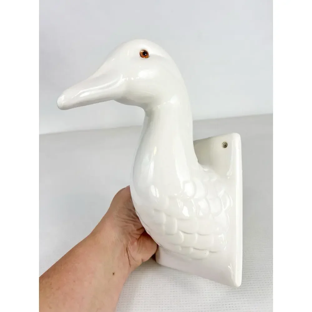 White Ceramic Goose Duck Head Wall Mount Hook Apron Towel Holder Farmhouse READ